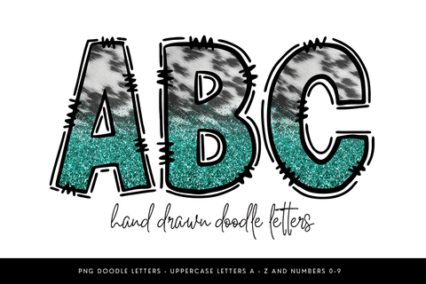 Teal Glitter Cow Print Doodle Letters, Western Alphabet PNG Sublimation BijouBay 