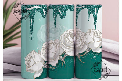 Teal Glitter & Roses 20oz Tumbler Wrap Sublimation sassyprint 