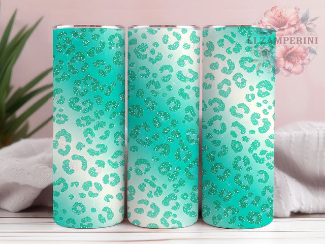 Teal Glitter Snow Globe Leopard Tumbler Wrap, Turquoise Ombre Sublimation, Leopard Print Cup Design, Winter Sparkle Mug, Glam Animal Print Tumbler, Icy Blue Glitter Wrap Sublimation Li Zamperini 