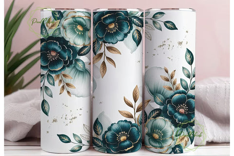 Teal Gold Floral 20oz Tumbler Wrap Sublimation PixelChick 