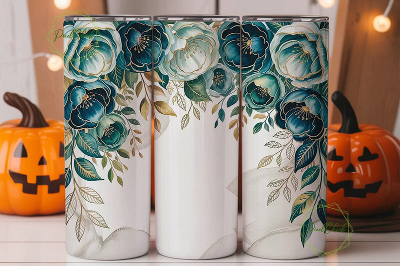 Teal Gold Floral 20oz Tumbler Wrap Sublimation PixelChick 