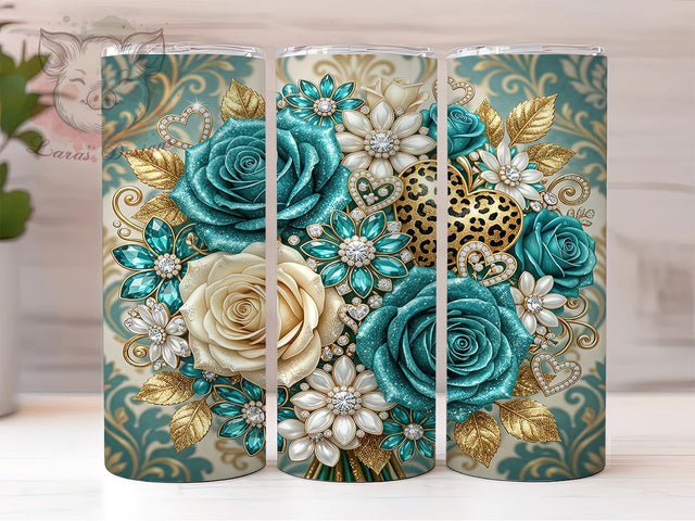 Teal Gold Rose Glitter 20oz Tumbler, Teal Gold Rose, Gold Rose Glitter, Rose Glitter Tumbler, Teal Tumbler, Glitter Tumbler, 20oz Tumbler, Tumbler Wrap Sublimation Lara' s Designs 