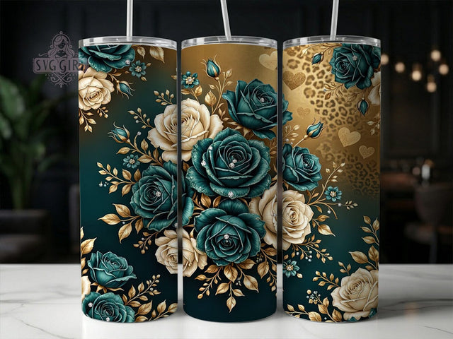 Teal Gold Roses 20oz Tumbler, Teal gold roses, Floral tumbler wrap, 20oz skinny tumbler, Teal rose print, Sublimation tumbler wrap, Gold floral pattern, Elegant teal design Sublimation SvggirlplusArt 
