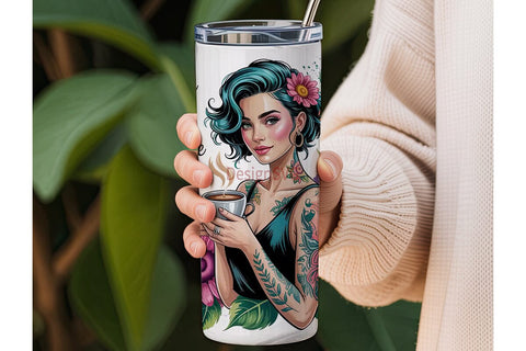 Teal Hair Girl with Coffee 20oz Tumbler Sublimation DesignSVG 