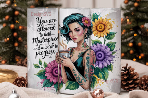 Teal Hair Girl with Coffee 20oz Tumbler Sublimation DesignSVG 