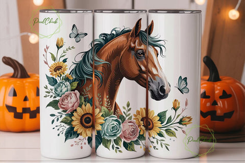 Teal Horse & Flowers 20oz Tumbler Wrap Sublimation PixelChick 