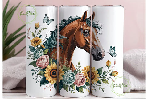 Teal Horse & Flowers 20oz Tumbler Wrap Sublimation PixelChick 