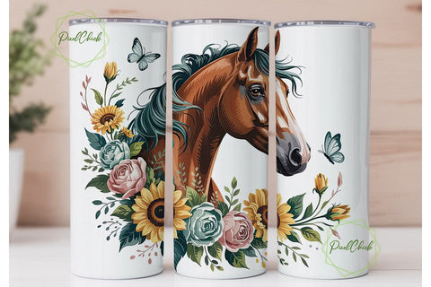 Teal Horse & Flowers 20oz Tumbler Wrap Sublimation PixelChick 