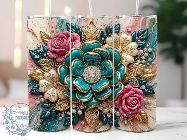 Teal Jeweled Floral 20oz Tumbler, Teal Jeweled Floral, Jeweled Floral PNG, Teal Floral Tumbler, Teal Jeweled PNG, Jeweled Tumbler PNG, Floral Tumbler PNG, 20oz Tumbler Wrap Sublimation ToriDesigns 