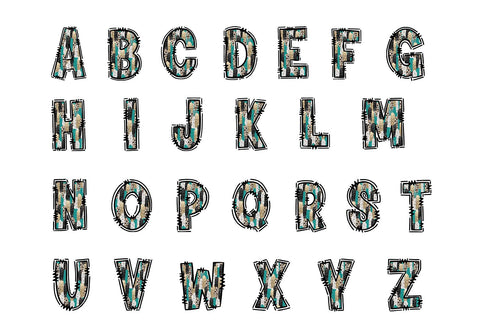 Teal Leopard Glitter Alphabet PNG, Brushstroke Doodle Letters Sublimation BijouBay 