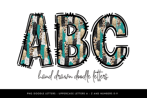 Teal Leopard Glitter Alphabet PNG, Brushstroke Doodle Letters Sublimation BijouBay 
