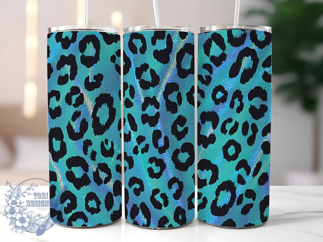 Teal Leopard Glitter Tumbler Wrap, Leopard Tumbler Design, Glitter Sublimation Wrap, 20oz Skinny Tumbler, Animal Print Tumbler, Teal Leopard Wrap, Sublimation Tumbler Design Sublimation ToriDesigns 