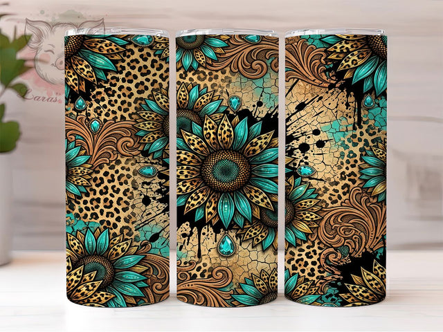 Teal Leopard Sunflower 20oz Tumbler, Teal Leopard, Leopard Sunflower, Sunflower Tumbler, 20oz Tumbler, Teal Tumbler, Leopard Tumbler, Tumbler Wrap Sublimation Lara' s Designs 