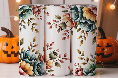 Teal & Orange Floral 20oz Tumbler Wrap Sublimation PixelChick 