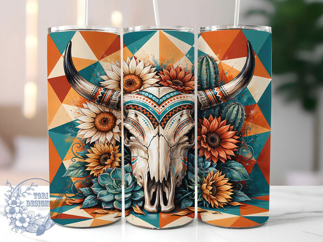 Teal Orange Tribal Cow Skull 20oz Tumbler, Teal Tribal, Orange Cow Skull, Western Motif, Sublimation Wrap, 20oz Tumbler, Rustic Aesthetic, Boho Charm Sublimation ToriDesigns 
