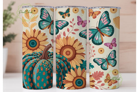 Teal Pink Fall Pumpkins Tumbler Wrap PNG Sublimation PixelChick 
