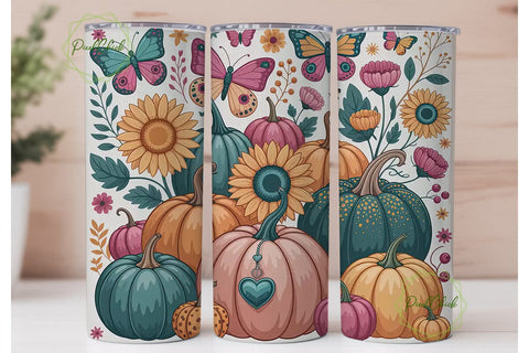 Teal Pink Fall Pumpkins Tumbler Wrap PNG Sublimation PixelChick 