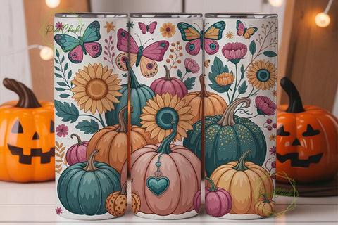 Teal Pink Fall Pumpkins Tumbler Wrap PNG Sublimation PixelChick 