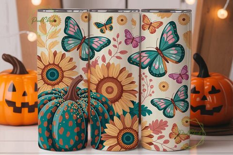 Teal Pink Fall Pumpkins Tumbler Wrap PNG Sublimation PixelChick 