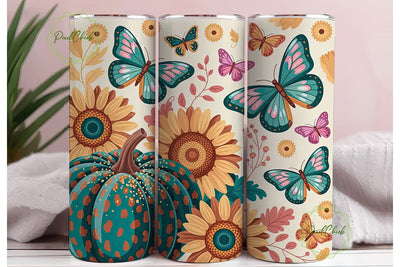 Teal Pink Fall Pumpkins Tumbler Wrap PNG Sublimation PixelChick 