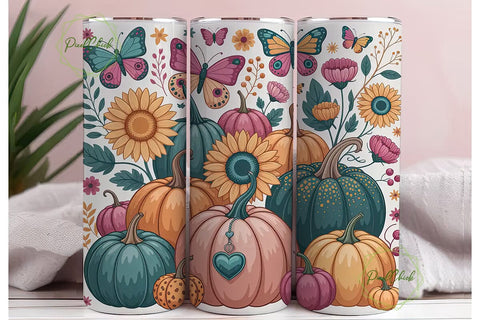 Teal Pink Fall Pumpkins Tumbler Wrap PNG Sublimation PixelChick 