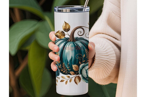 Teal Pumpkin Gold Floral 20oz Tumbler Sublimation DesignSVG 