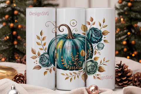 Teal Pumpkin Gold Floral 20oz Tumbler Sublimation DesignSVG 