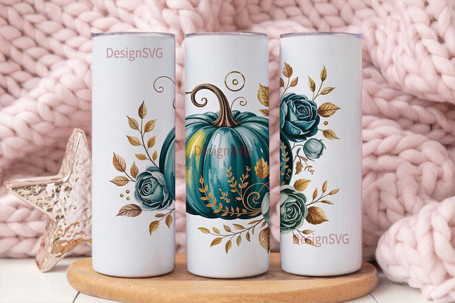 Teal Pumpkin Gold Floral 20oz Tumbler Sublimation DesignSVG 