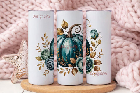 Teal Pumpkin Gold Floral 20oz Tumbler Sublimation DesignSVG 