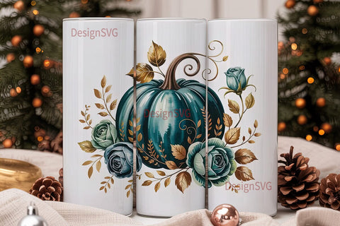 Teal Pumpkin Gold Floral 20oz Tumbler Sublimation DesignSVG 