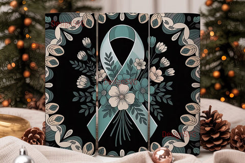 Teal Ribbon Awareness Floral Tumbler Sublimation DesignSVG 