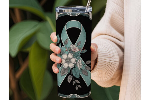 Teal Ribbon Awareness Floral Tumbler Sublimation DesignSVG 
