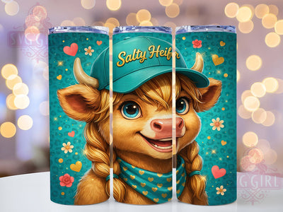 Teal Salty Heifer 20oz Tumbler, Highland Calf, Blue Eyes, Golden Braids, Baseball Cap, Skinny Tumbler, Sublimation PNG Sublimation SvggirlplusArt 