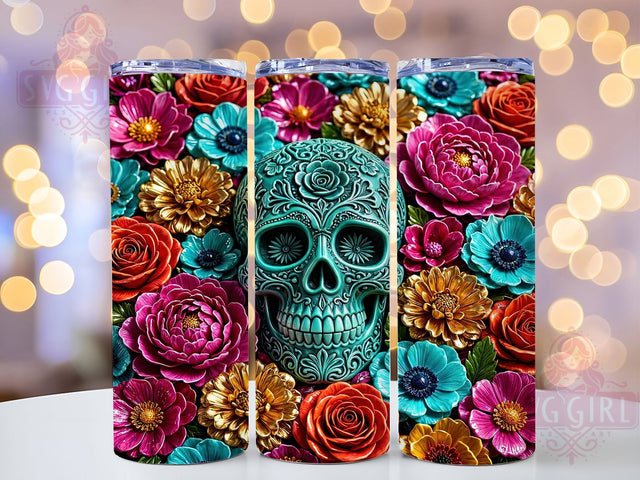 Teal Sugar Skull Bloom 20oz Tumbler, Skull Motif, Bloom Accent, Teal Theme, Glow Art Design, Gothic Flair, Sublimation Wrap, 20oz Tumbler Sublimation SvggirlplusArt 