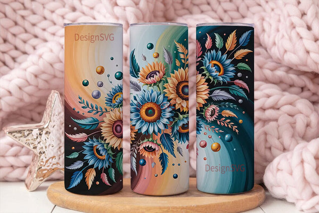 Teal Sunflower Fantasy 20oz Tumbler Wrap Sublimation DesignSVG 