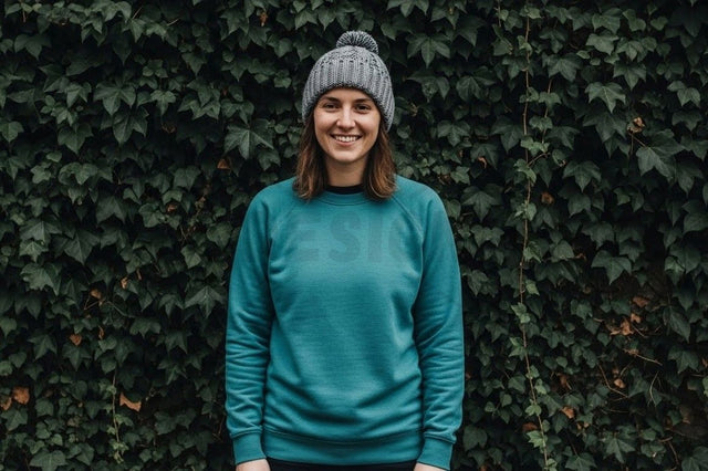 Teal sweatshirt with knitted beanie Mock Up Photo Designangry 