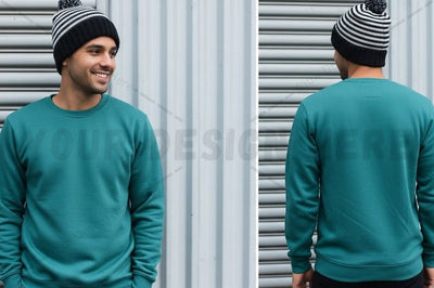Teal sweatshirt with stripes beanie Mock Up Photo Designangry 