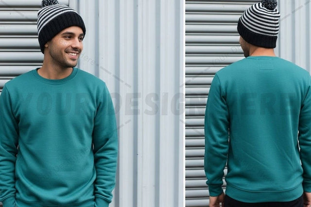 Teal sweatshirt with stripes beanie Mock Up Photo Designangry 