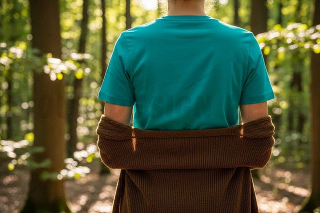 Teal t-shirt mockup in forest setting Mock Up Photo Designangry 