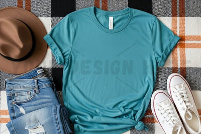Teal t-shirt with casual outfit accessories Mock Up Photo Designangry 