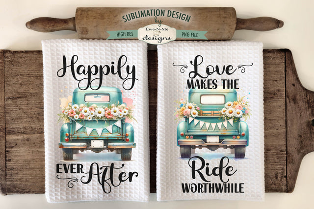 Teal Truck Wedding Themed Kitchen Towel Sublimation PNG Sublimation Ewe-N-Me Designs 
