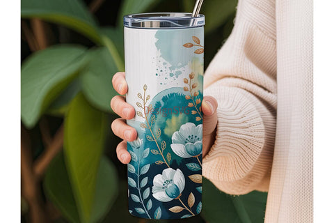 Teal Watercolor Floral 20oz Tumbler Wrap Sublimation DesignSVG 