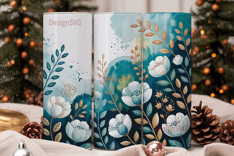 Teal Watercolor Floral 20oz Tumbler Wrap Sublimation DesignSVG 