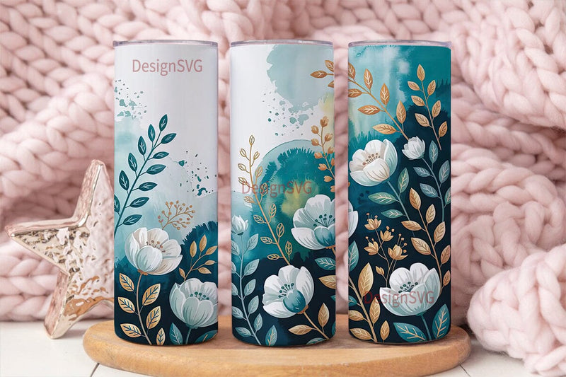 Teal Watercolor Floral 20oz Tumbler Wrap Sublimation DesignSVG 