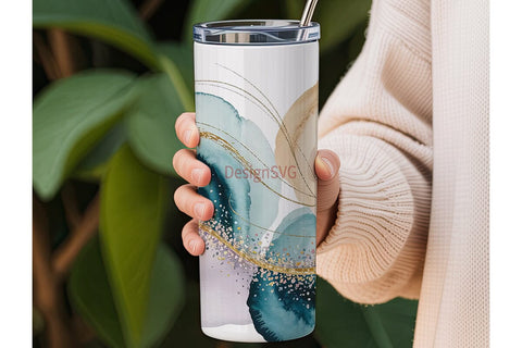 Teal Watercolor Glitter Floral Tumbler Sublimation DesignSVG 