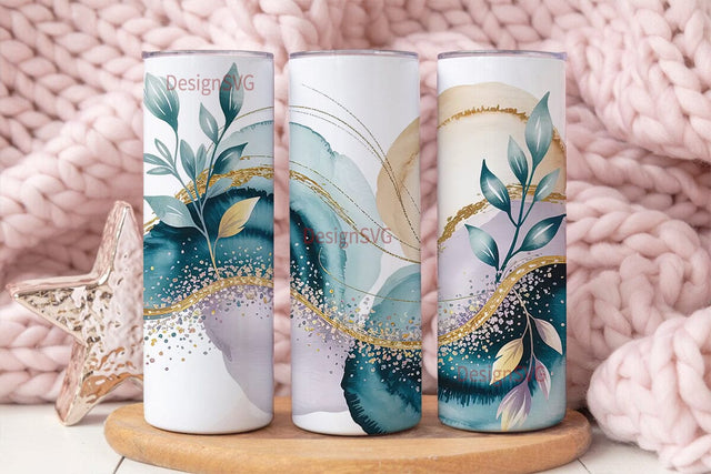 Teal Watercolor Glitter Floral Tumbler Sublimation DesignSVG 