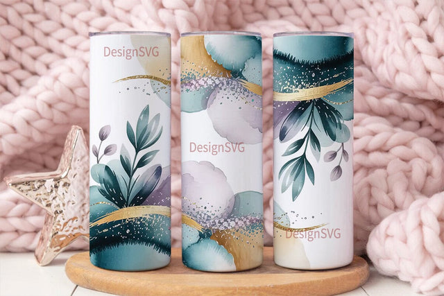 Teal Watercolor Glitter Floral Tumbler Sublimation DesignSVG 