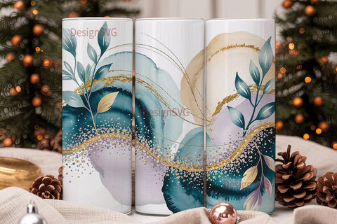 Teal Watercolor Glitter Floral Tumbler Sublimation DesignSVG 