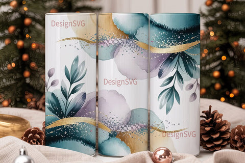 Teal Watercolor Glitter Floral Tumbler Sublimation DesignSVG 