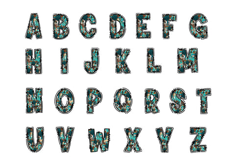 Teal Western Sunflower Doodle Letters, Glitter Alphabet Sublimation BijouBay 